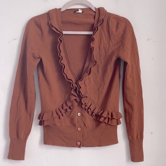 J. Crew 100% merino wool ruffle front deep V neck cardigan sz XS - Picture 1 of 6